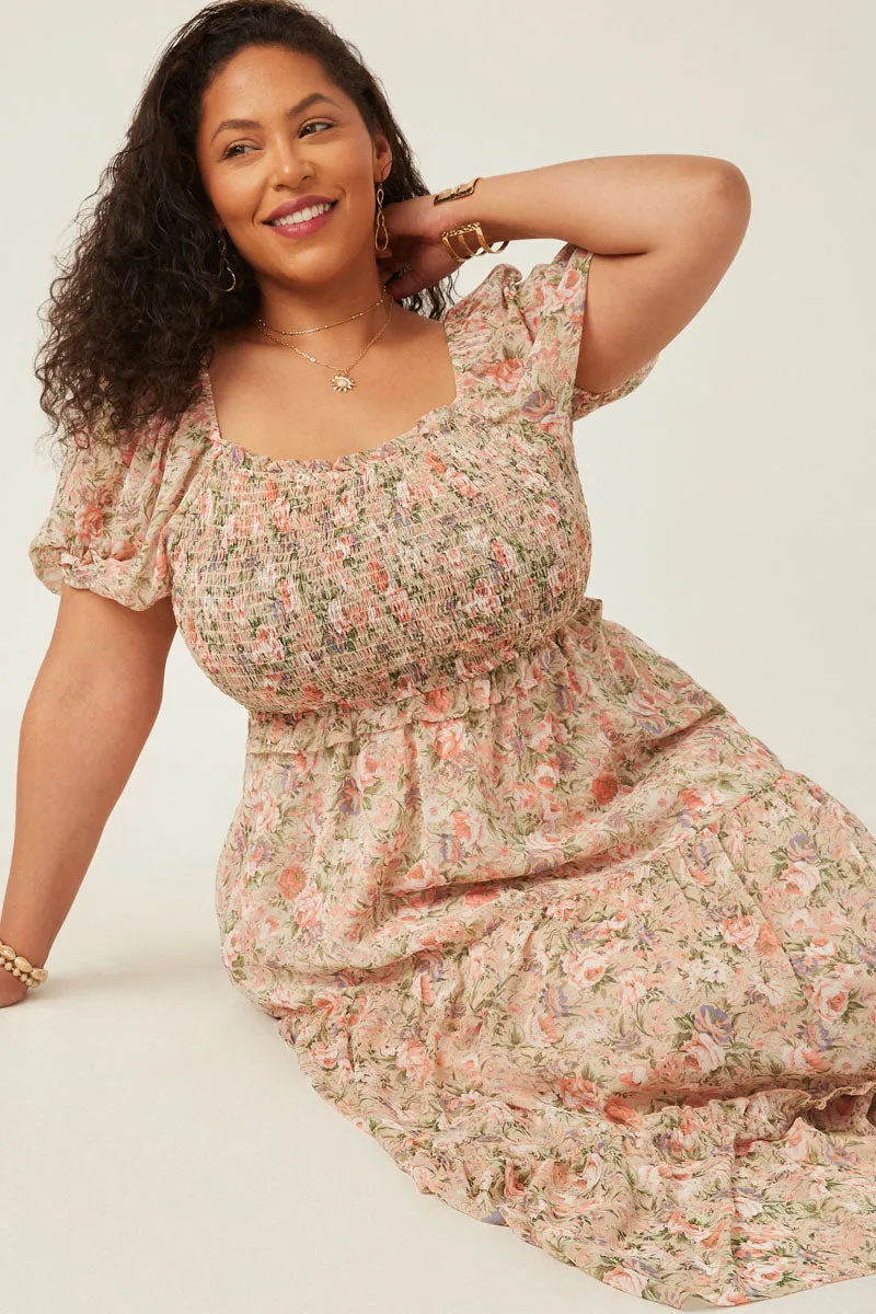 Womens Antique Romantic Floral Puff Sleeve Smocked Midi Dress sold by Hayden product image thumbnail 2