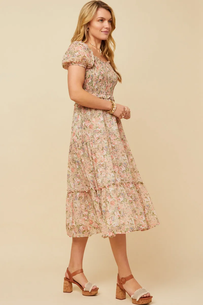 Womens Antique Romantic Floral Puff Sleeve Smocked Midi Dress sold by Hayden product image thumbnail 4