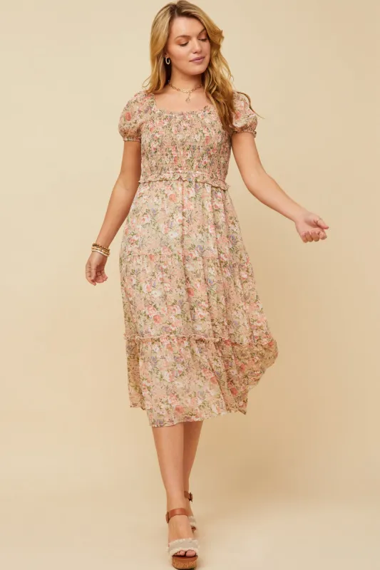Womens Antique Romantic Floral Puff Sleeve Smocked Midi Dress sold by Hayden