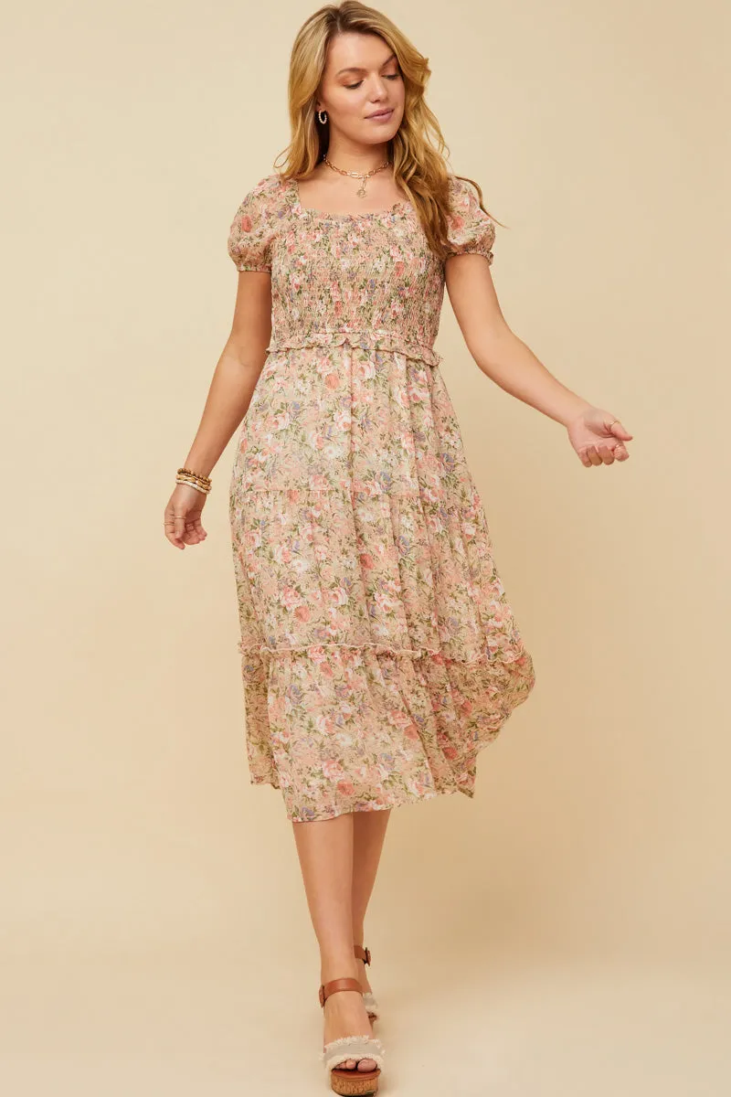 Womens Antique Romantic Floral Puff Sleeve Smocked Midi Dress sold by Hayden