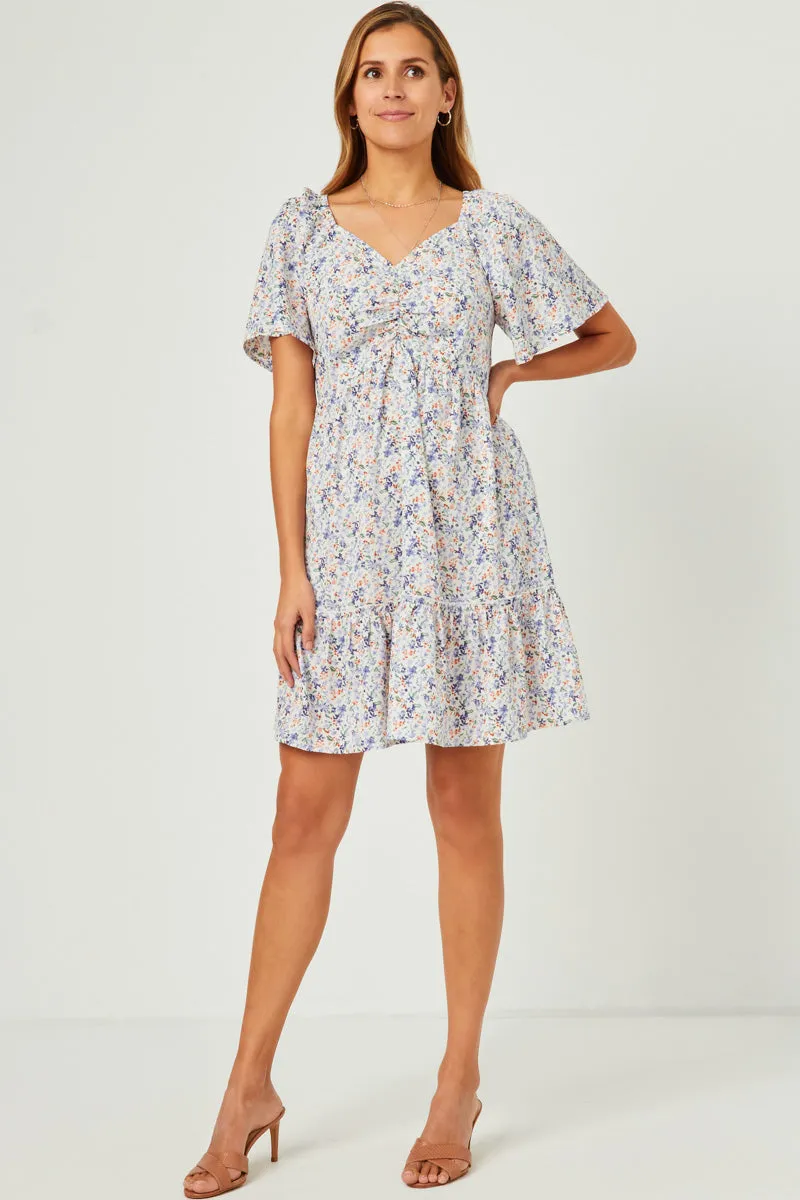 Womens Ditsy Floral Cinched Bodice Flutter Sleeve Mini Dress sold by Hayden