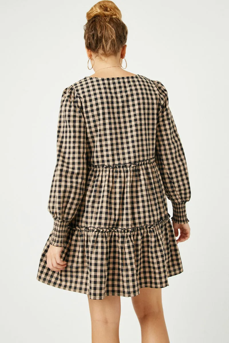 Womens Smocked Cuff V Neck Tiered Plaid Dress sold by Hayden product image thumbnail 5