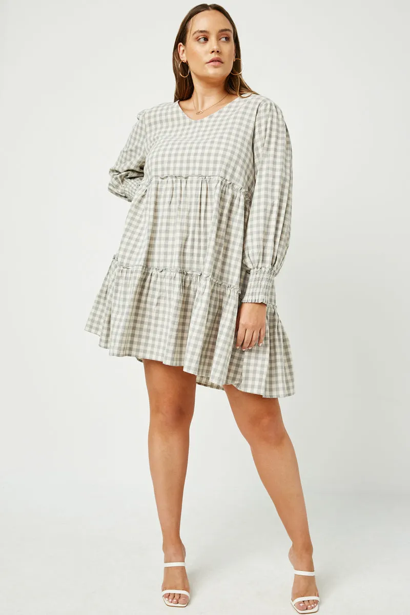 Womens Smocked Cuff V Neck Tiered Plaid Dress sold by Hayden product image thumbnail 2