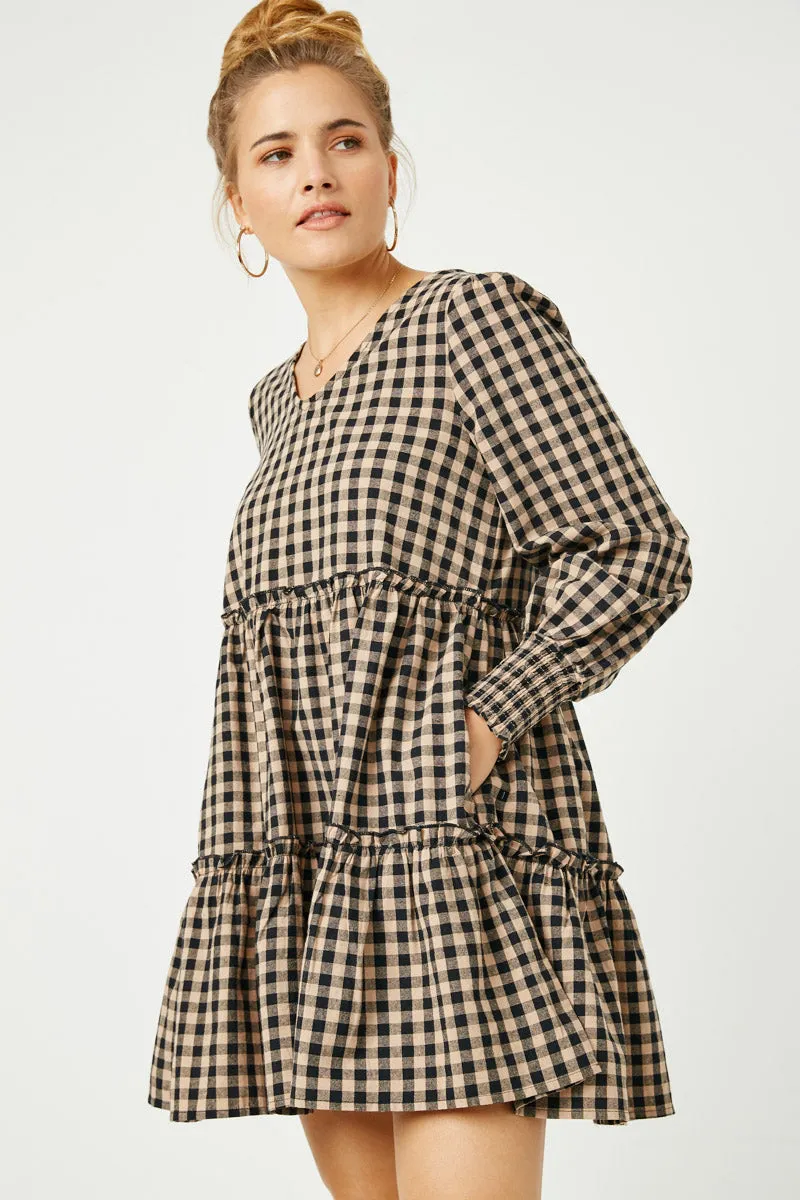 Womens Smocked Cuff V Neck Tiered Plaid Dress sold by Hayden product image thumbnail 3