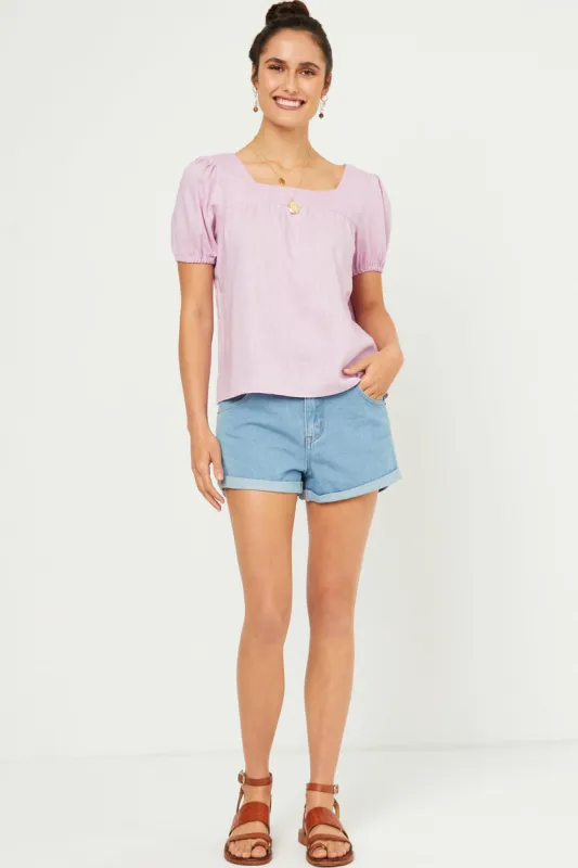 Womens Linen Look Square Neck Puff Sleeve Top sold by Hayden