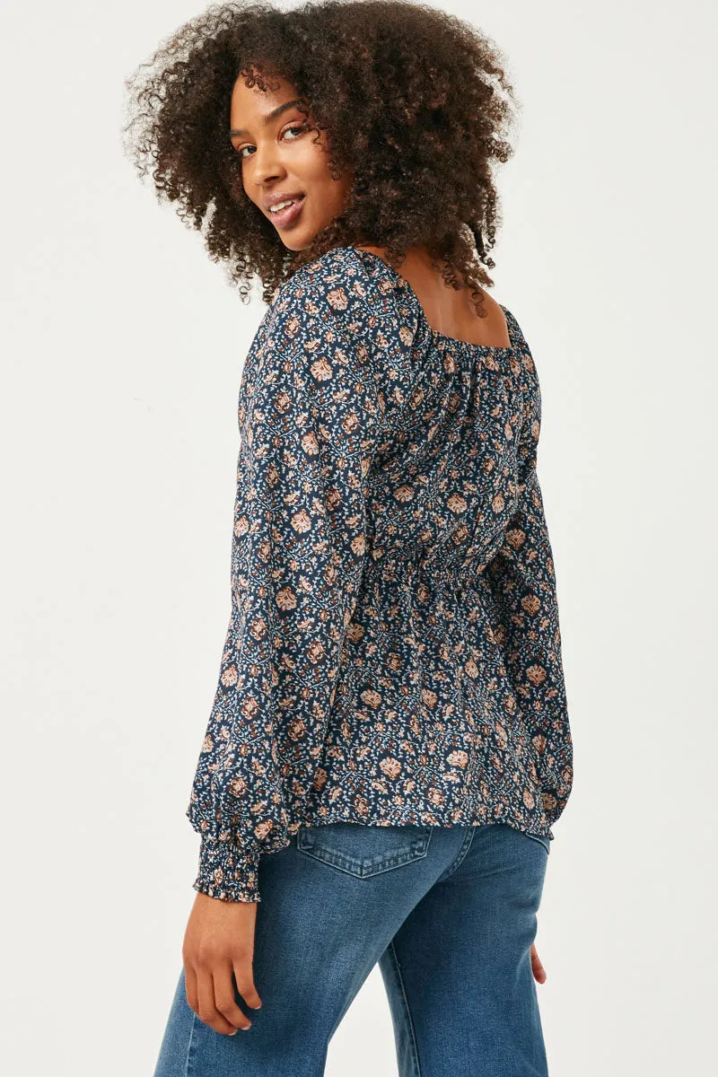 Womens Printed Smocked Square Neck Long Sleeve Peplum Top sold by Hayden product image thumbnail 5