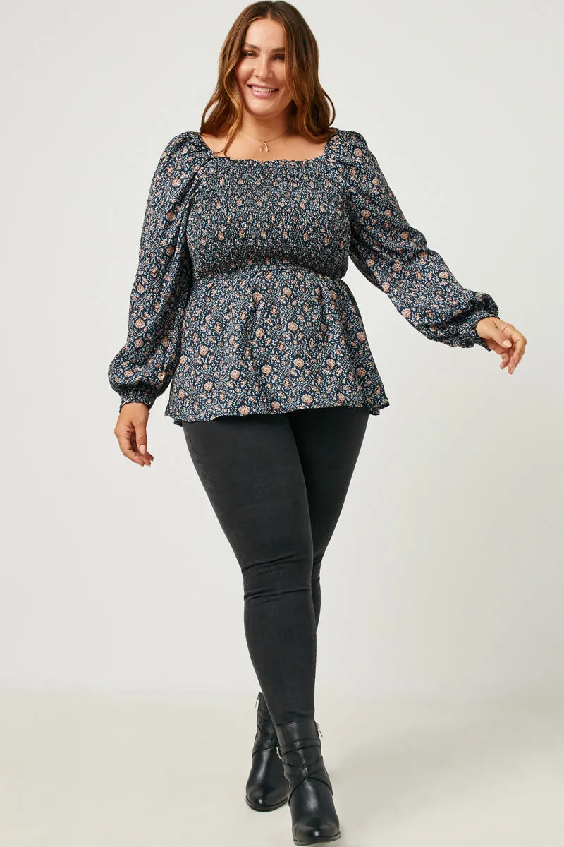 Womens Printed Smocked Square Neck Long Sleeve Peplum Top sold by Hayden product image thumbnail 2