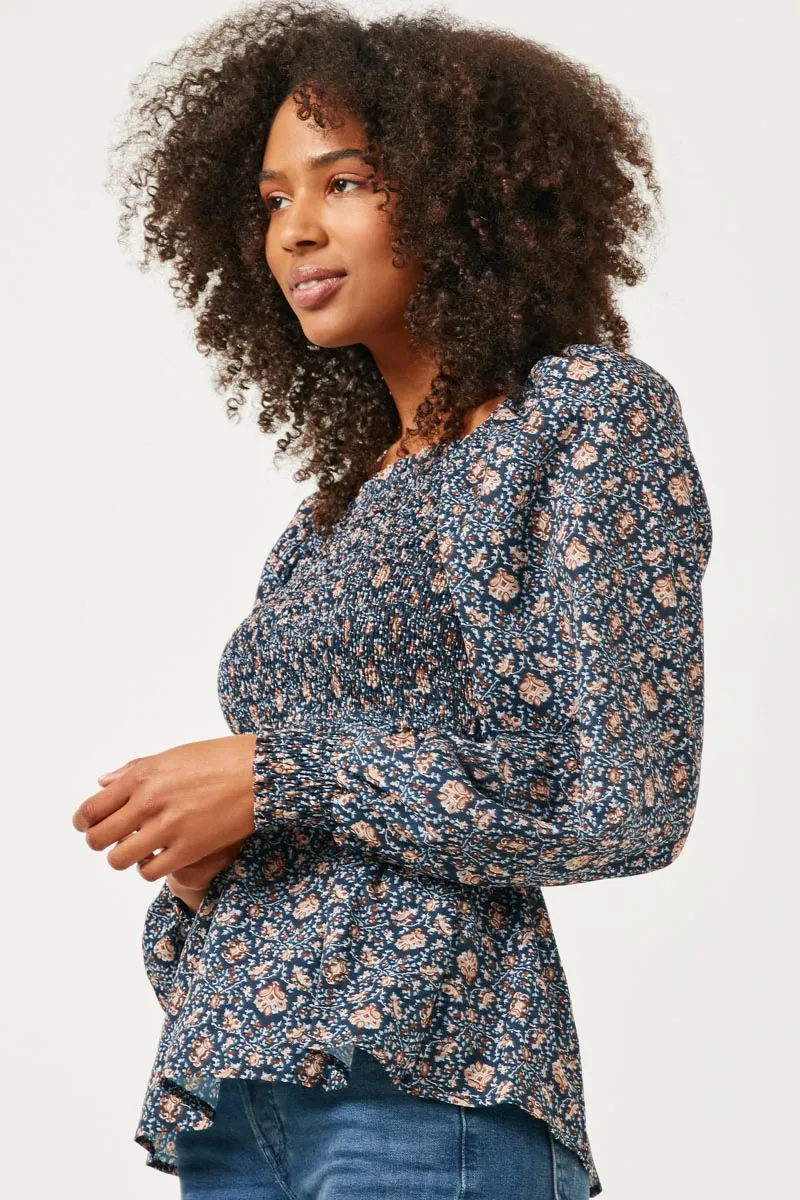 Womens Printed Smocked Square Neck Long Sleeve Peplum Top sold by Hayden product image thumbnail 4