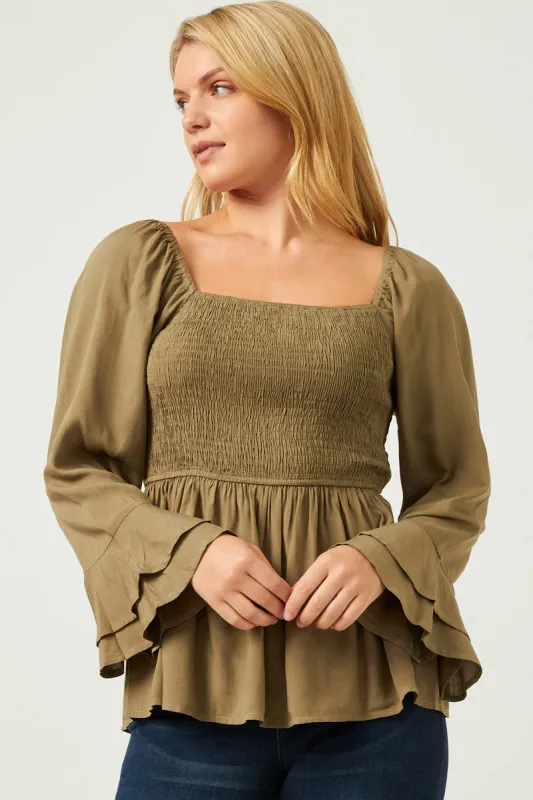 Womens Smocked Bodice Peplum Top with Ruffle Sleeves sold by Hayden