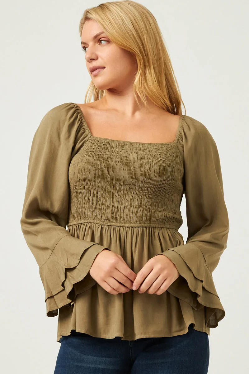Womens Smocked Bodice Peplum Top with Ruffle Sleeves sold by Hayden
