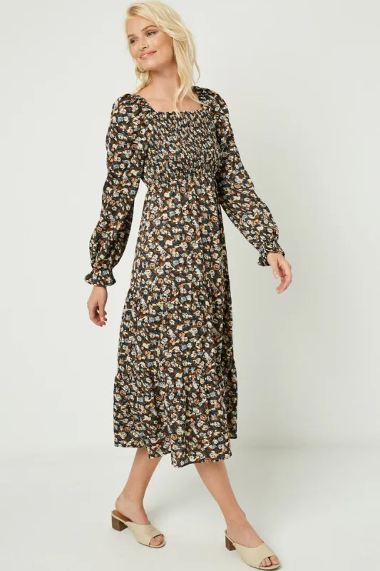 Womens Square Neck Smocked Long Sleeve Printed Maxi Dress sold by Hayden