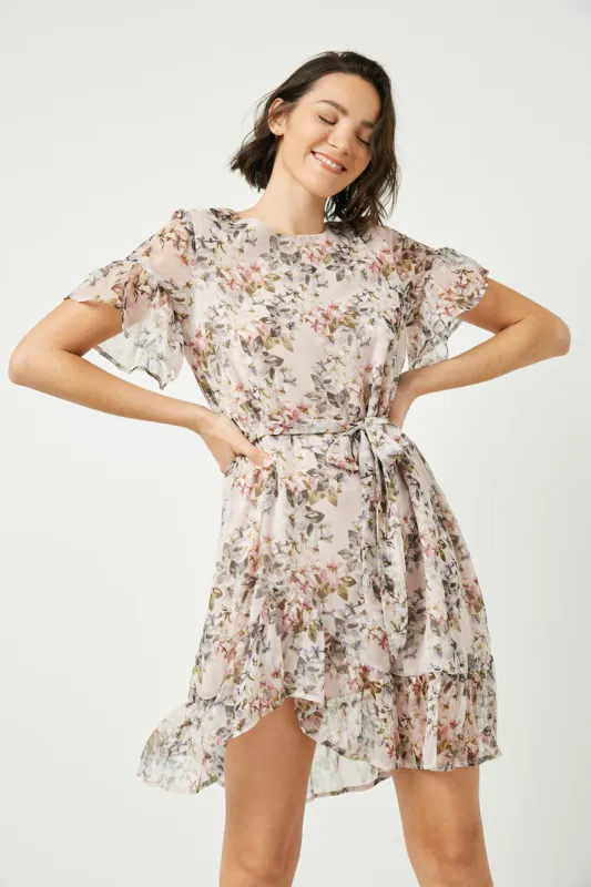 Womens Belted Sheer Floral Flutter Sleeve Mini Dress sold by Hayden