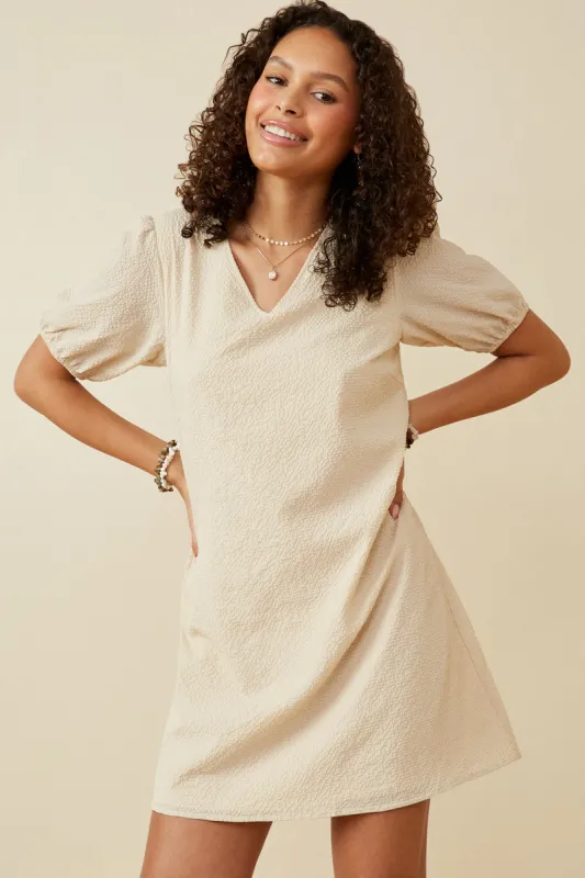 Womens Seersucker Textured V Neck Puff Sleeve Dress sold by Hayden