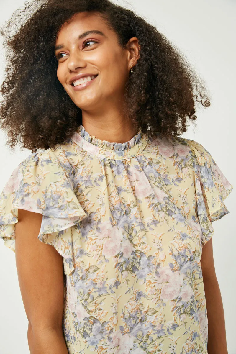 Womens Ruffle Sleeve Sheer Floral Top sold by Hayden