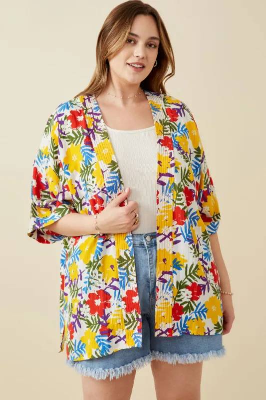 Womens Vivid Floral Contrast Stitch Linen Blend Kimono sold by Hayden