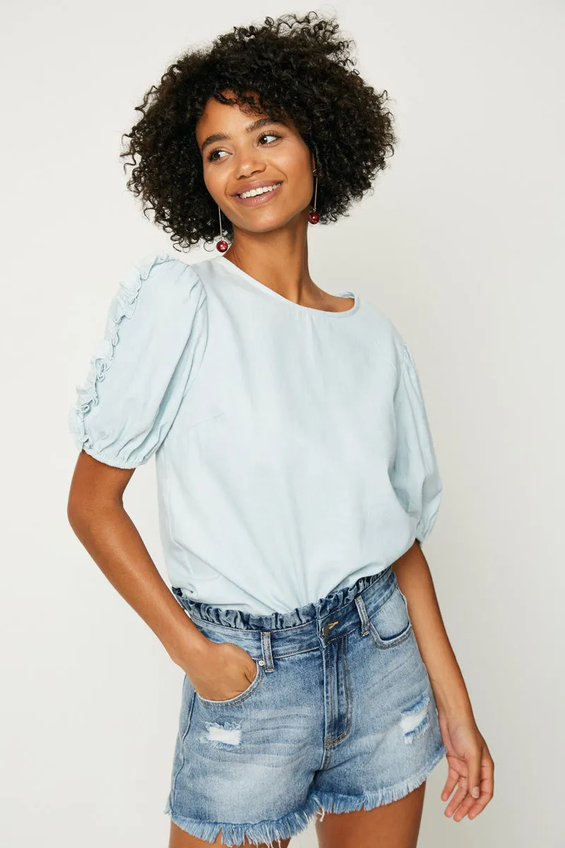 Womens Denim Ruffle Puff Sleeve Top sold by Hayden