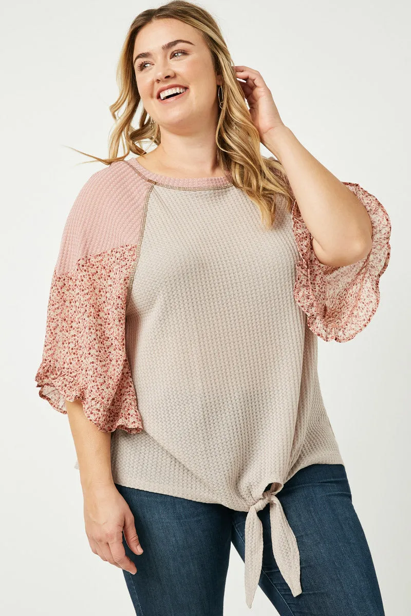 Womens Tie Waist Ruffled Contrast Sleeve Top sold by Hayden product image thumbnail 2