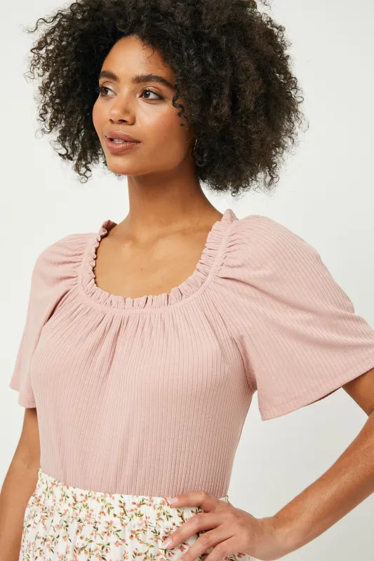 Ruffled Wide Neck Ribbed Knit Top sold by Hayden