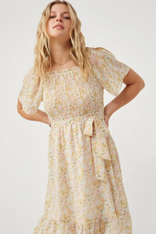 Womens Floral Smocked Tulip Sleeve Belted Dress sold by Hayden