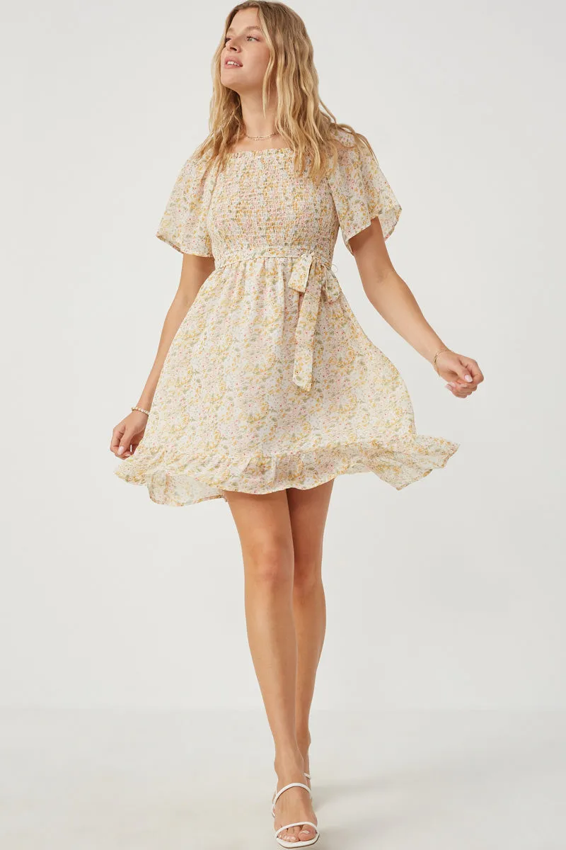 Womens Floral Smocked Tulip Sleeve Belted Dress sold by Hayden product image thumbnail 3