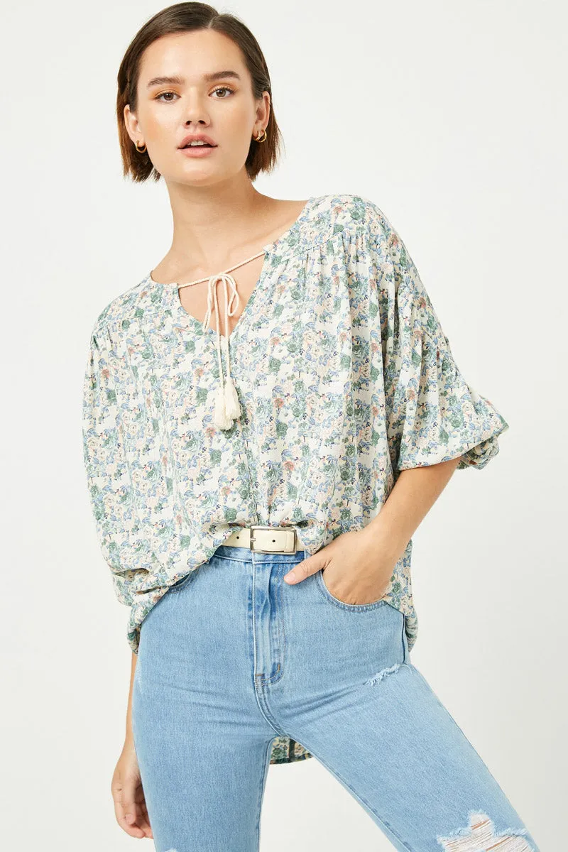 Womens Floral Balloon Sleeve Tassel Tie Top sold by Hayden