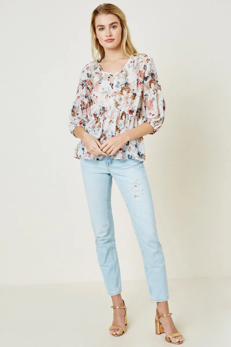 Womens Floral Cross Strap Peplum Top sold by Hayden product image thumbnail 3