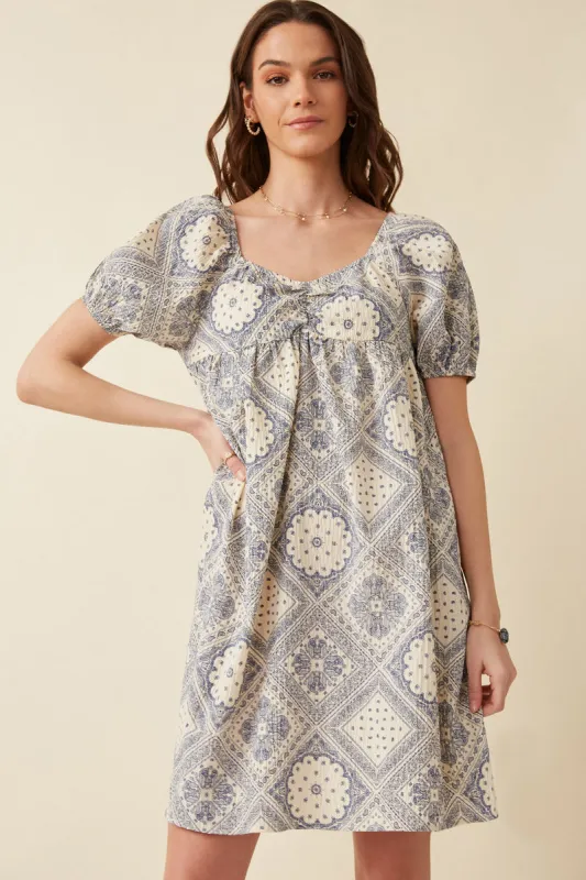 Womens Textured Antique Quilt Print Puff Sleeve Dress sold by Hayden