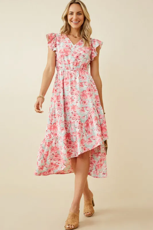 Womens Floral Print V Neck Asymmetric Ruffle Hem Dress made by Hayden