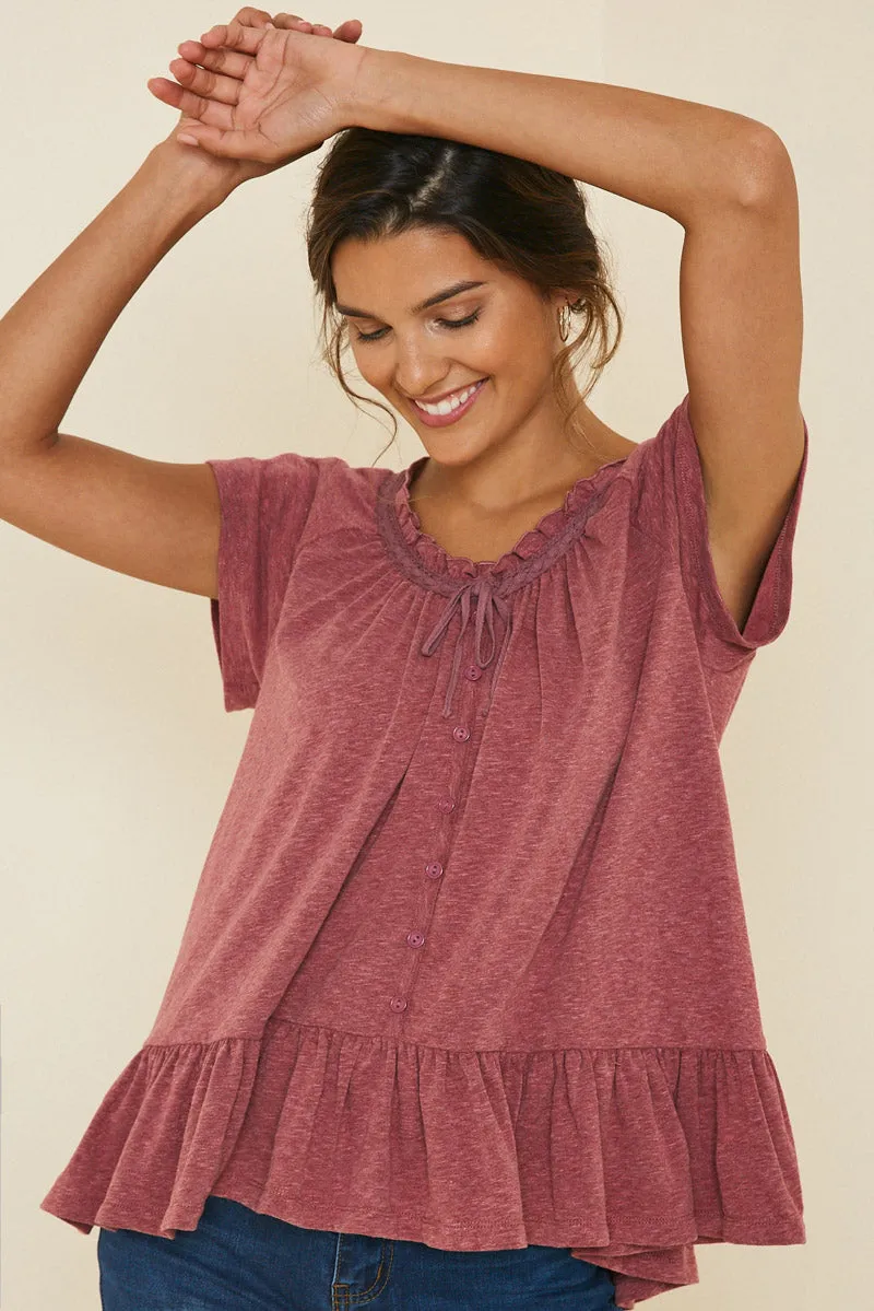 Womens Heathered Button-Down Ruffle Top sold by Hayden