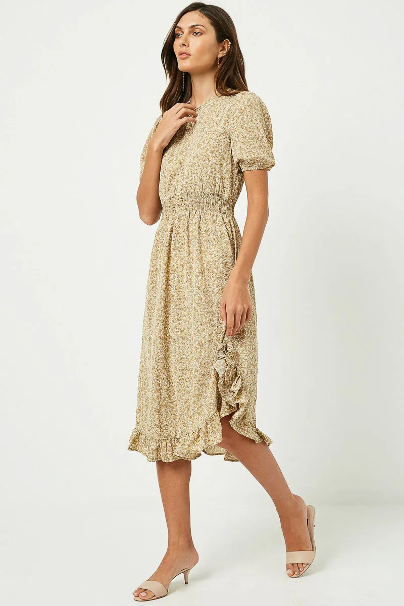 Womens Floral Puff Sleeve Ruffle Smock Waist Midi Dress sold by Hayden