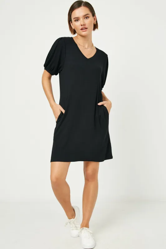 Womens V Neck Puff Sleeve Pocketed Ribbed Knit Dress sold by Hayden