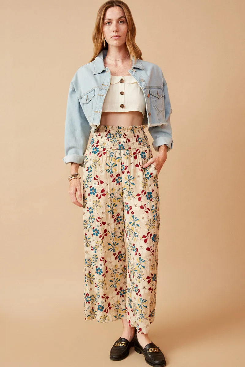 Womens Floral Print Smocked Elastic Waist Wide Leg Pants sold by Hayden product image thumbnail 5