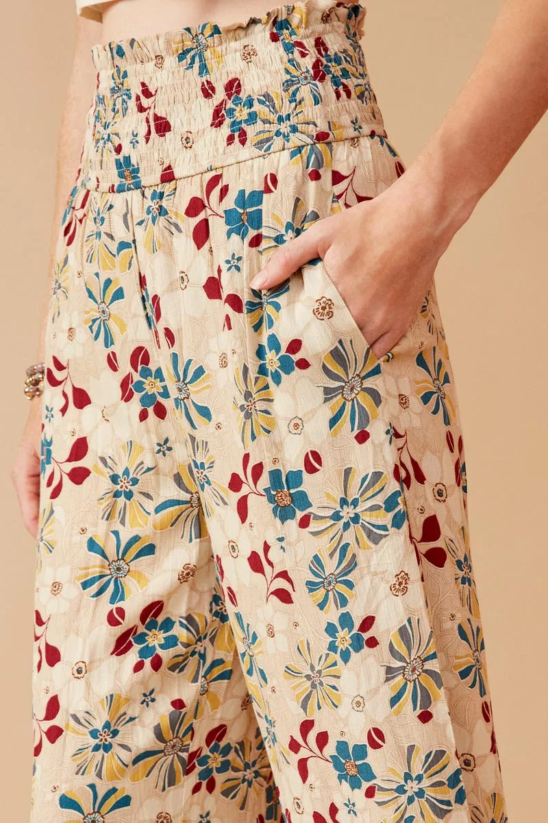 Womens Floral Print Smocked Elastic Waist Wide Leg Pants sold by Hayden product image thumbnail 2