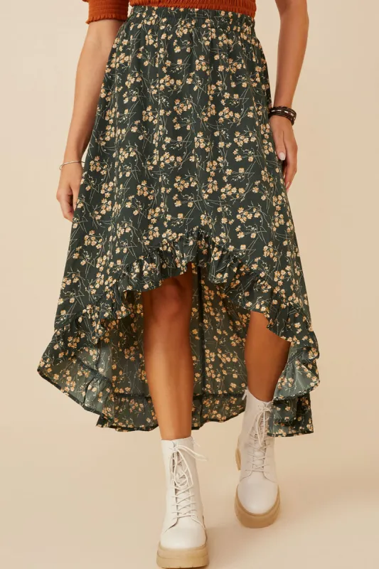 Womens Floral Hi Low Ruffle Hem Skirt sold by Hayden