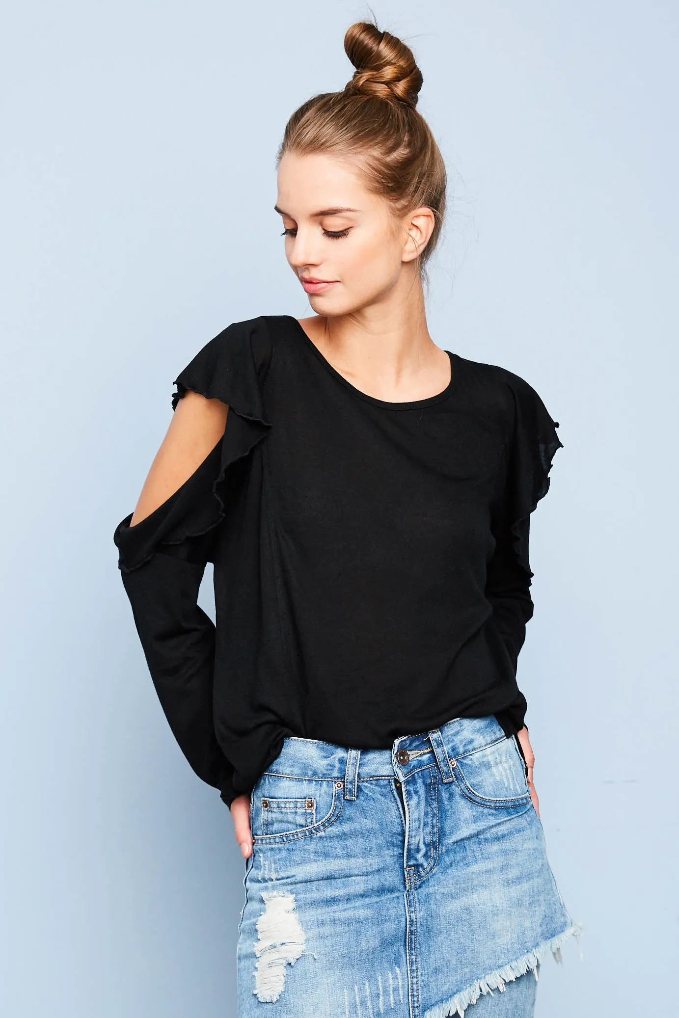Womens Cold Shoulder Long Sleeve Ruffled Top sold by Hayden product image thumbnail 3