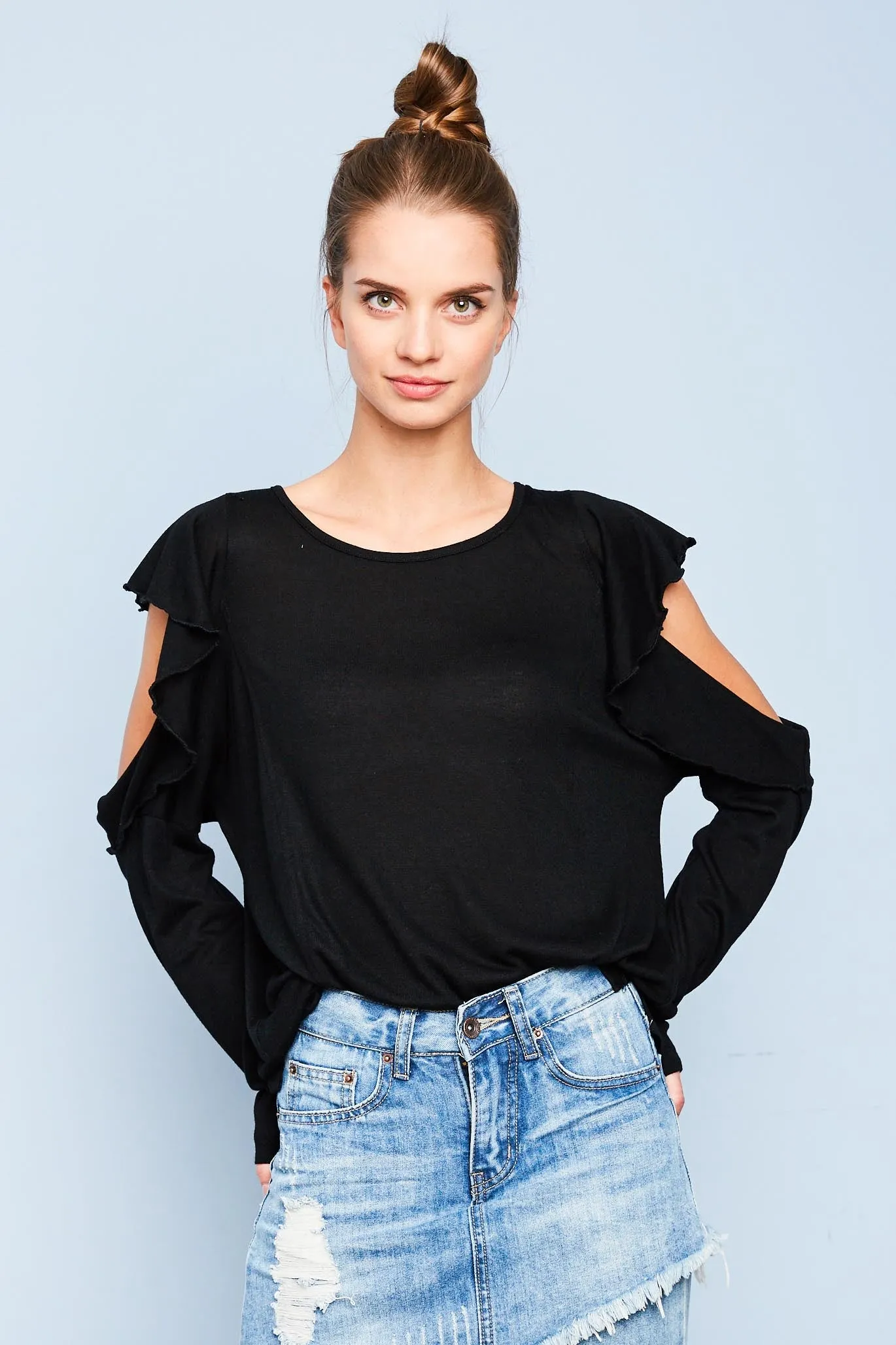 Womens Cold Shoulder Long Sleeve Ruffled Top sold by Hayden