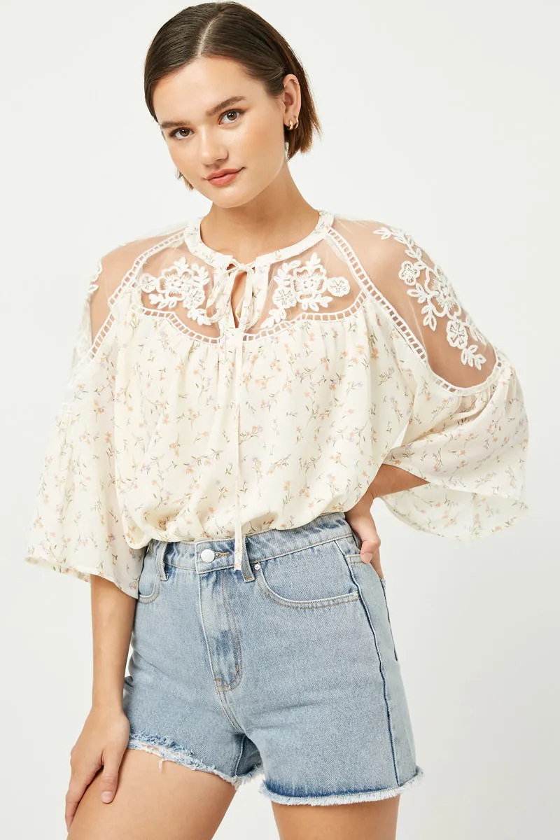 Womens Printed Bell Sleeve Embroidered Lace Top sold by Hayden