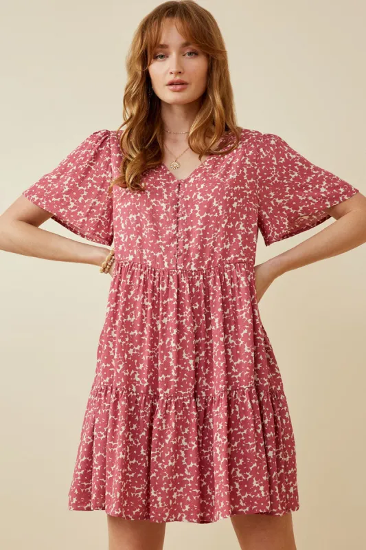 Womens Ditsy Floral Buttoned V Neck Tier Dress sold by Hayden