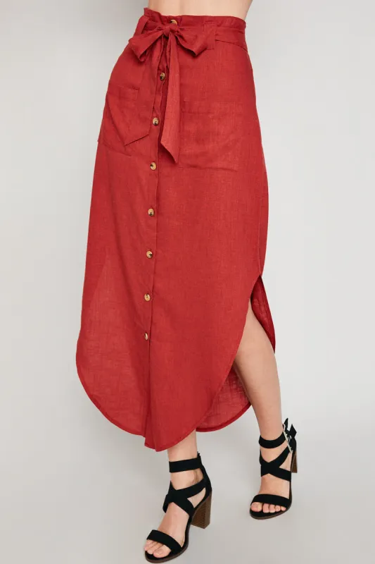 Womens Button-Down Self Tie Linen Blend Midi Skirt sold by Hayden