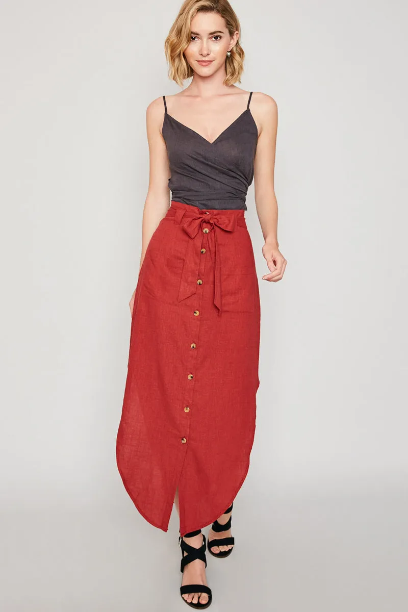 Womens Button-Down Self Tie Linen Blend Midi Skirt sold by Hayden product image thumbnail 2