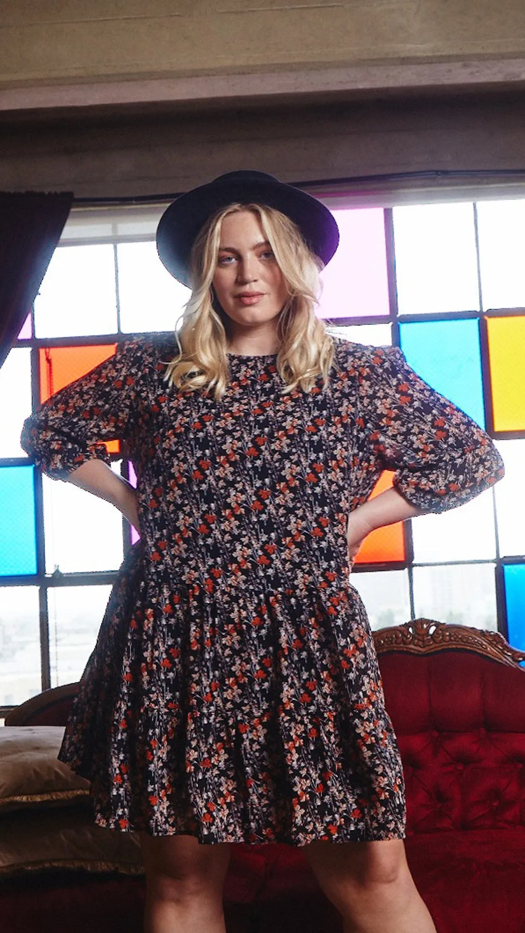 Womens Drop Waist Long Sleeve Botanical Print Chiffon Dress sold by Hayden product image thumbnail 2