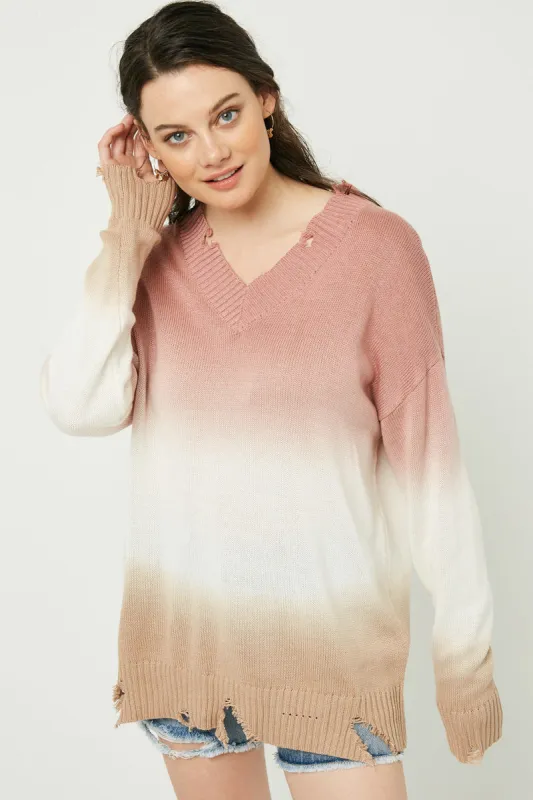Womens Ombre Dye Distressed V Neck Sweater sold by Hayden