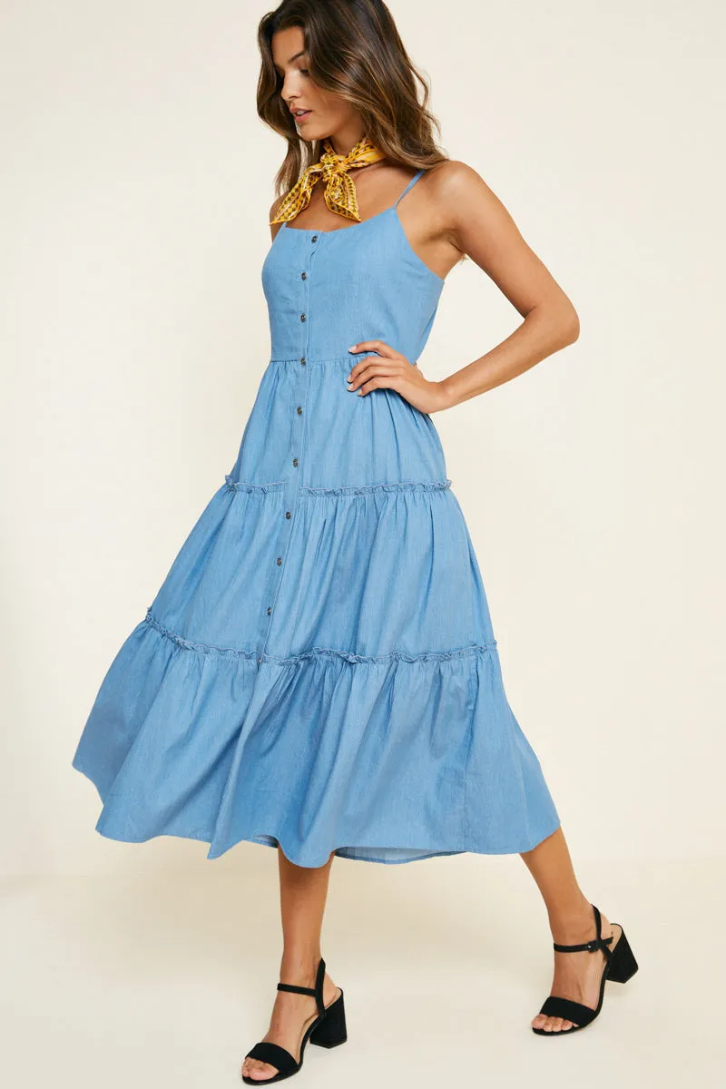 Womens Denim Tier Button-Down Midi Dress sold by Hayden product image thumbnail 4