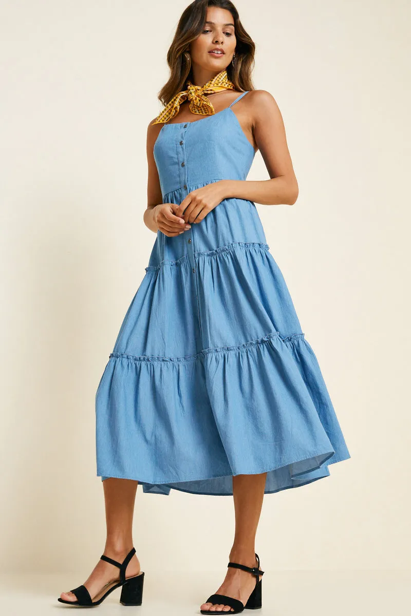Womens Denim Tier Button-Down Midi Dress sold by Hayden