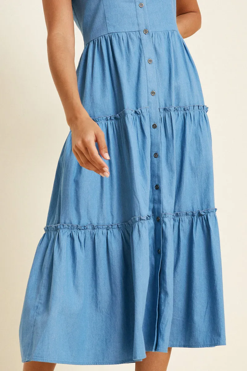 Womens Denim Tier Button-Down Midi Dress sold by Hayden product image thumbnail 5