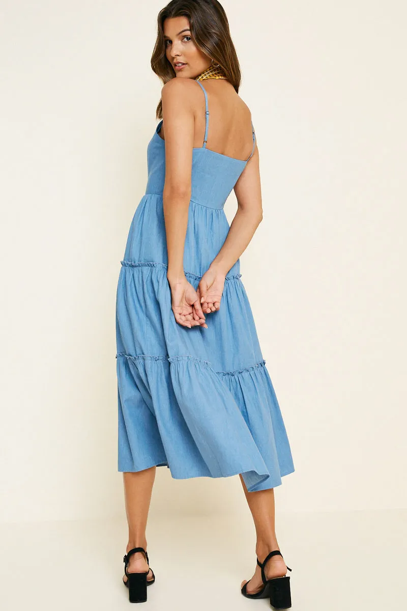 Womens Denim Tier Button-Down Midi Dress sold by Hayden product image thumbnail 2