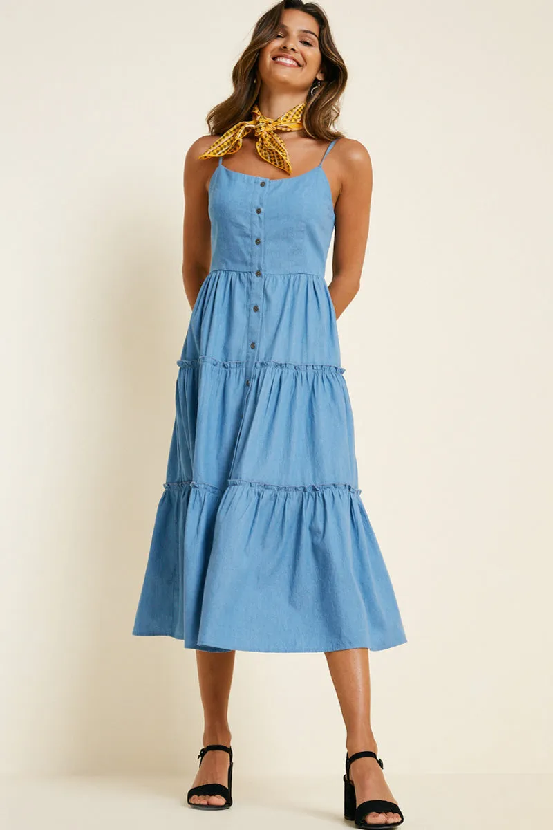 Womens Denim Tier Button-Down Midi Dress sold by Hayden product image thumbnail 3