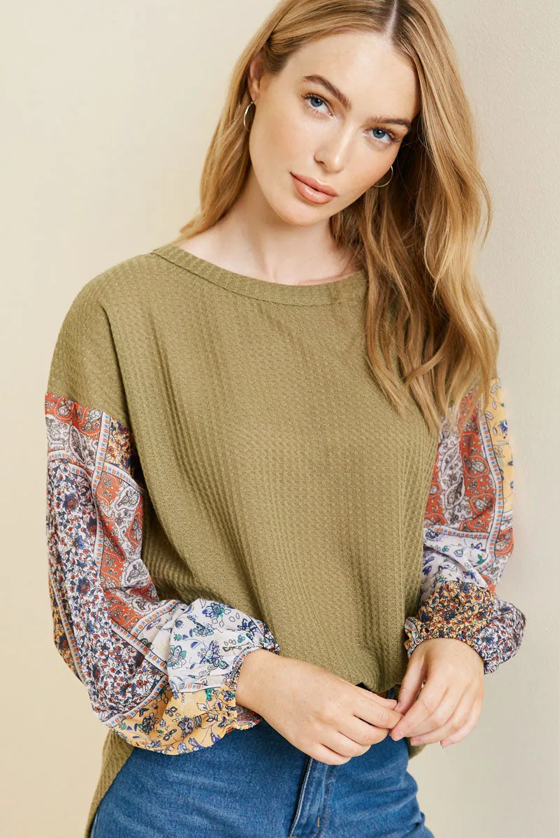Womens Patchwork Sleeve Waffle Knit Top sold by Hayden