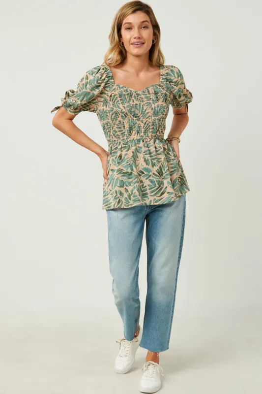 Womens Smocked Sweetheart Neck Tie Sleeve Peplum Top sold by Hayden