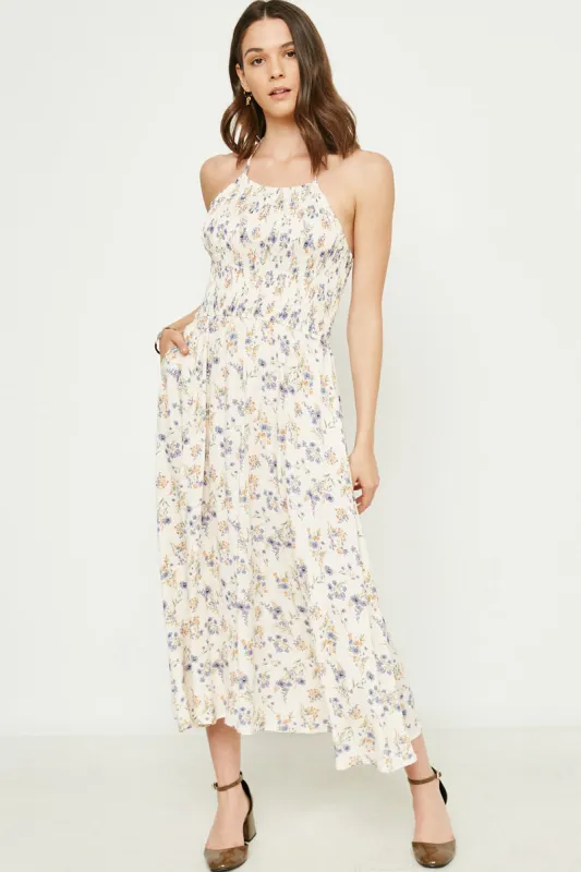 Womens Floral Smocked Halter Neck Maxi Dress made by Hayden